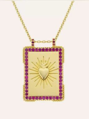 Gold Sacred Heart Rectangle Pendant Necklace with Pink Gem Border